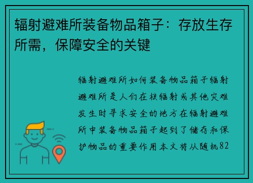辐射避难所装备物品箱子：存放生存所需，保障安全的关键